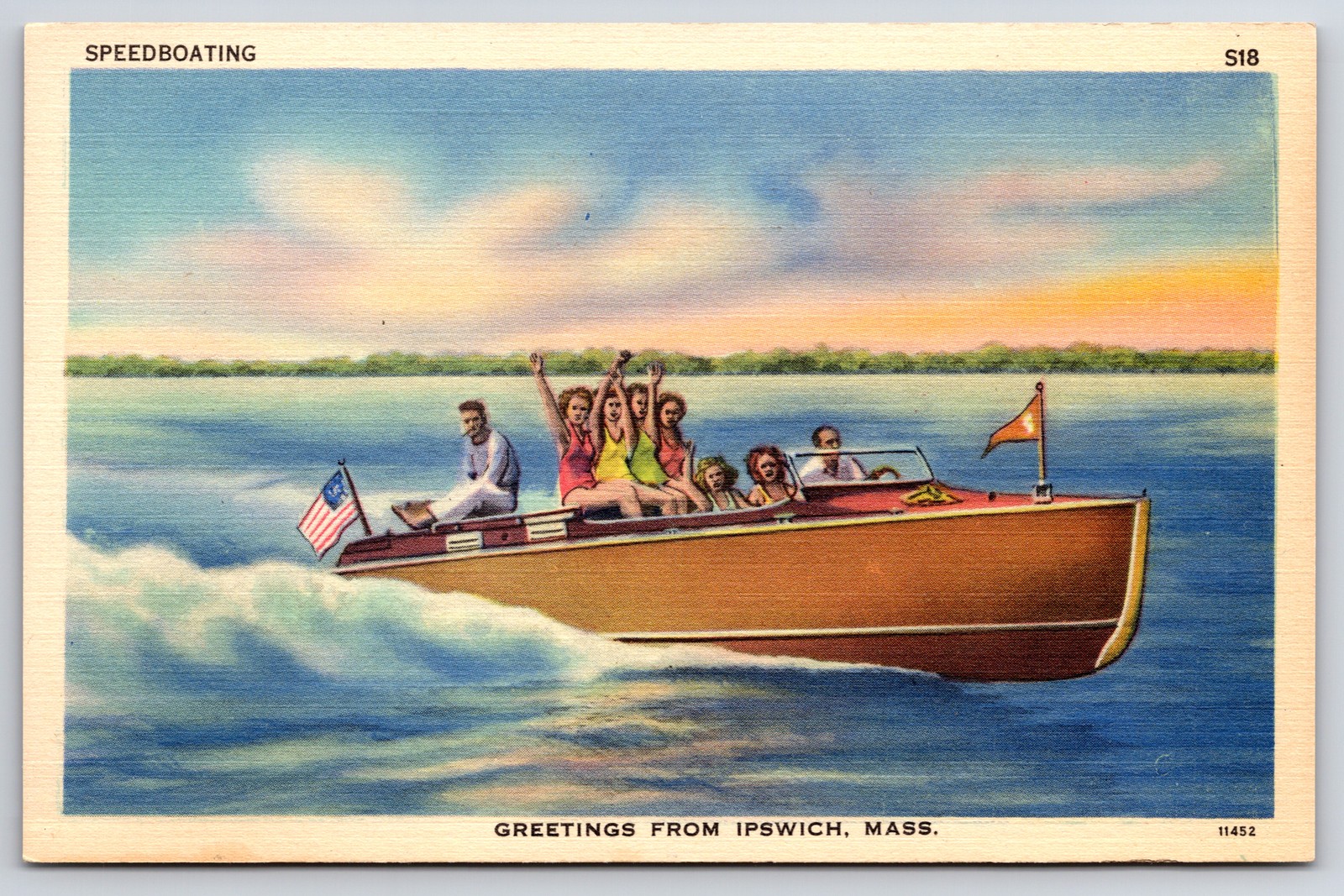 Speedboating Greetings From Ipswich MA Linen Postcard