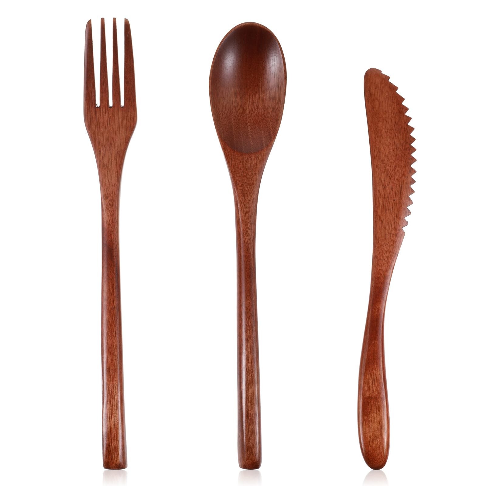 3 PCS Wooden Utensil Set for Eating, Wooden Forks Spoons Knife Reusable Wood ...