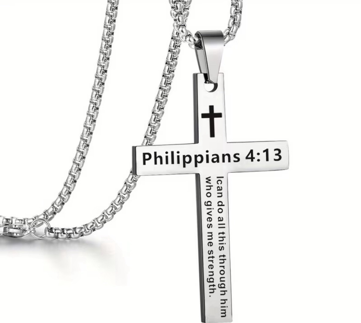 Philippians 4:13 Stainless Steel Cross Pendant Necklace Silver Chain Philippians 4:13 Stainless Steel Cross Pendant Necklace Silver Chain