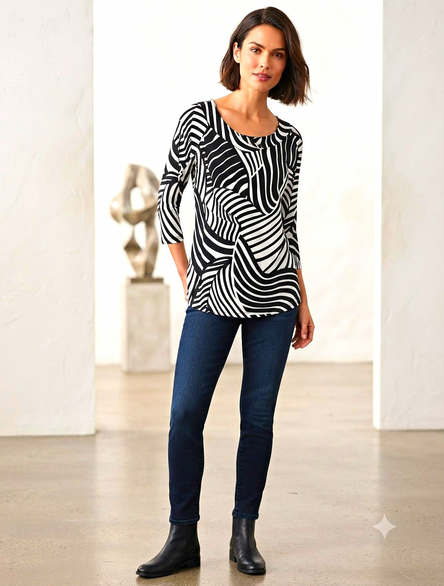Travelers by Chico\'s Black White Abstract Knit Top Stretch Size 1 (S/M) Acetate Travelers by Chico\'s Black White Abstract Knit Top Stretch Size 1 (S/M) Acetate