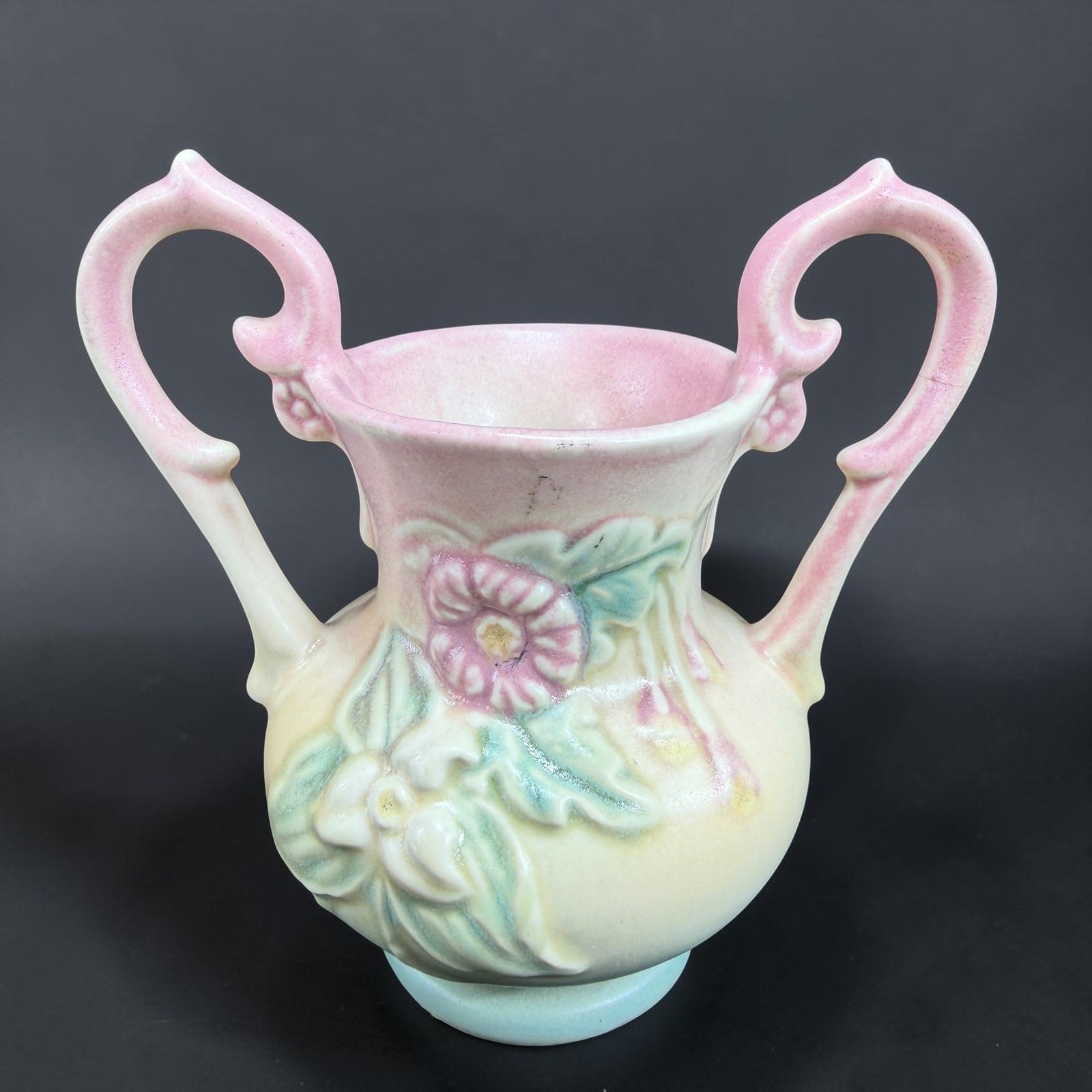 Vintage Hull Art Pottery Wildflower Vase Pink Blue Yellow Double Handle W-2 5.5