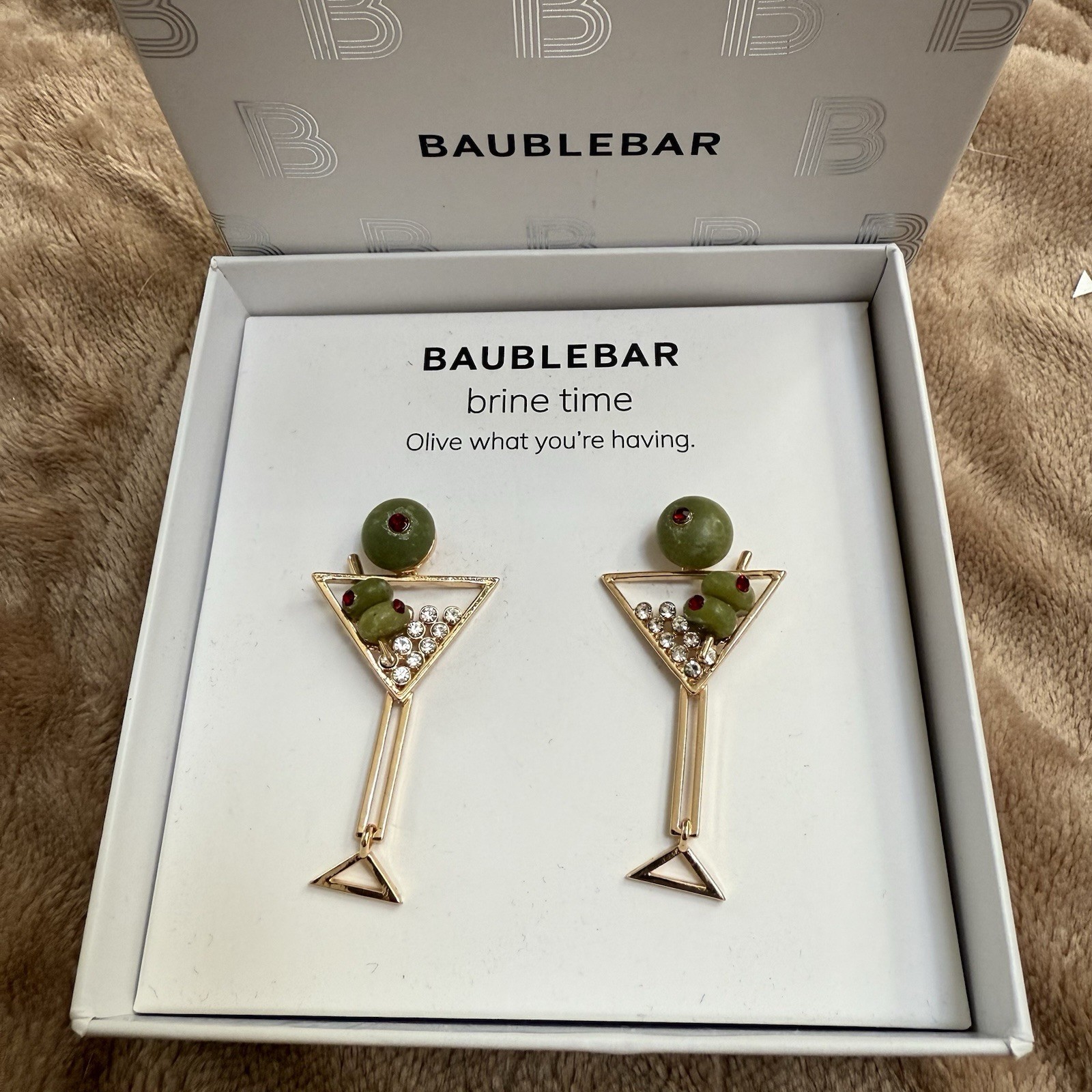 BaubleBar Martini Glass Earrings Brine Time  Olive What You\'re Having NIB