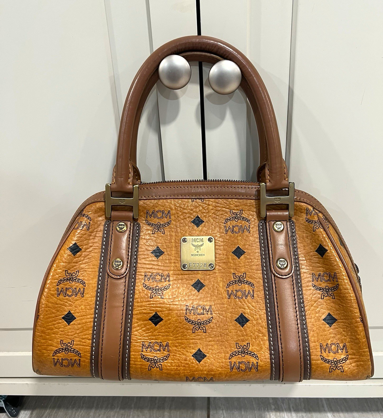 MCM Visetos Monogram Brown Leather Satchel Top Handle Zip Top Gold Hardware