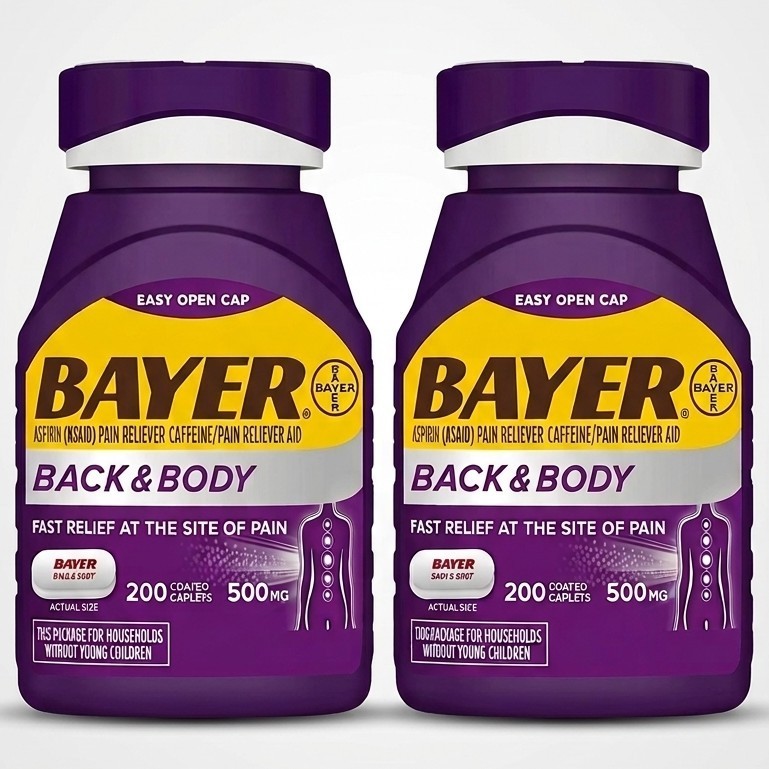 2x Bayer Back & Body 200ct 500mg Aspirin + Caffeine for Pain Relief (400 Total)