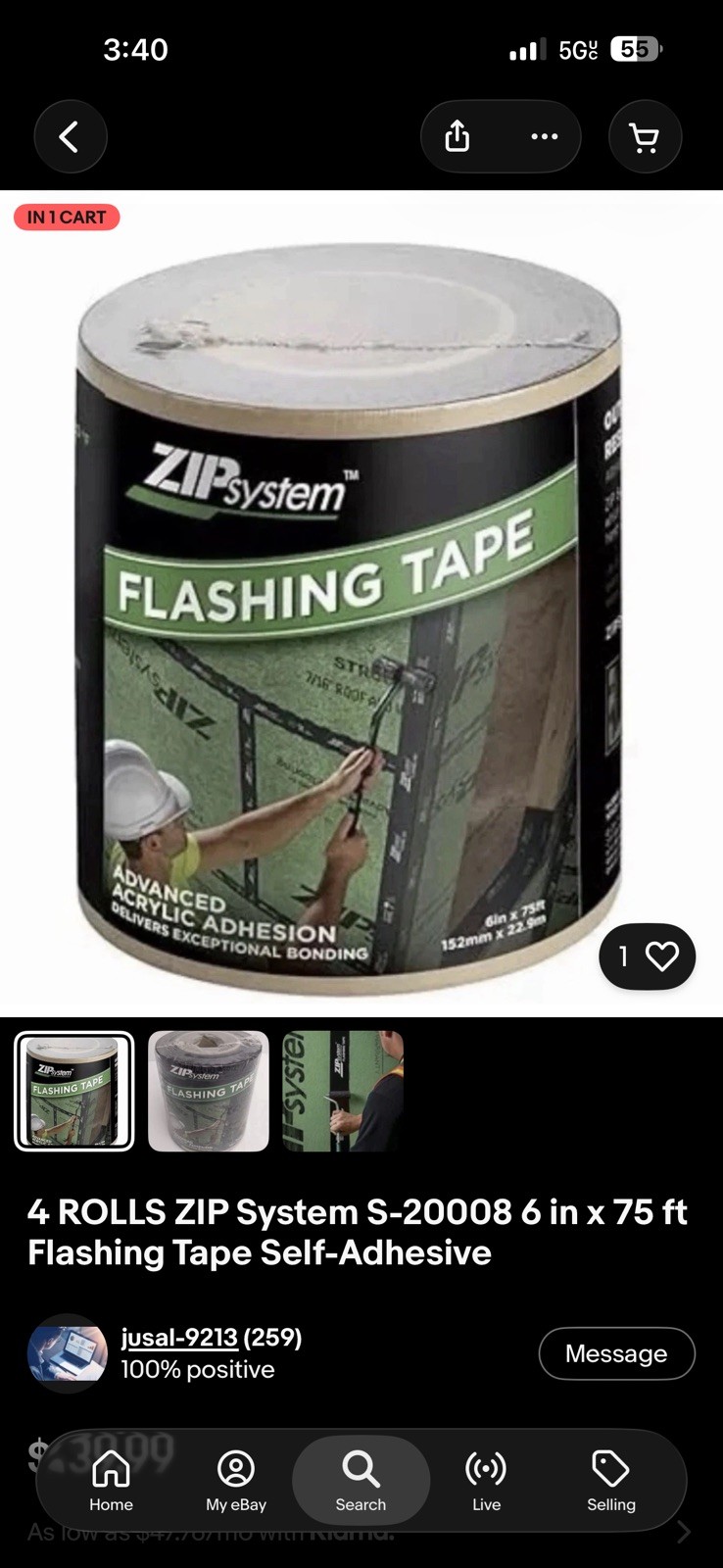 4 ROLLS ZIP System S-20008 6 in x 75 ft Flashing Tape Self-Adhesive 