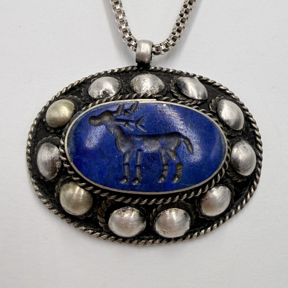 Antique 800 Silver Lapis Lazuli Carved Deer Intaglio Ethnic Oval Pendant 14g