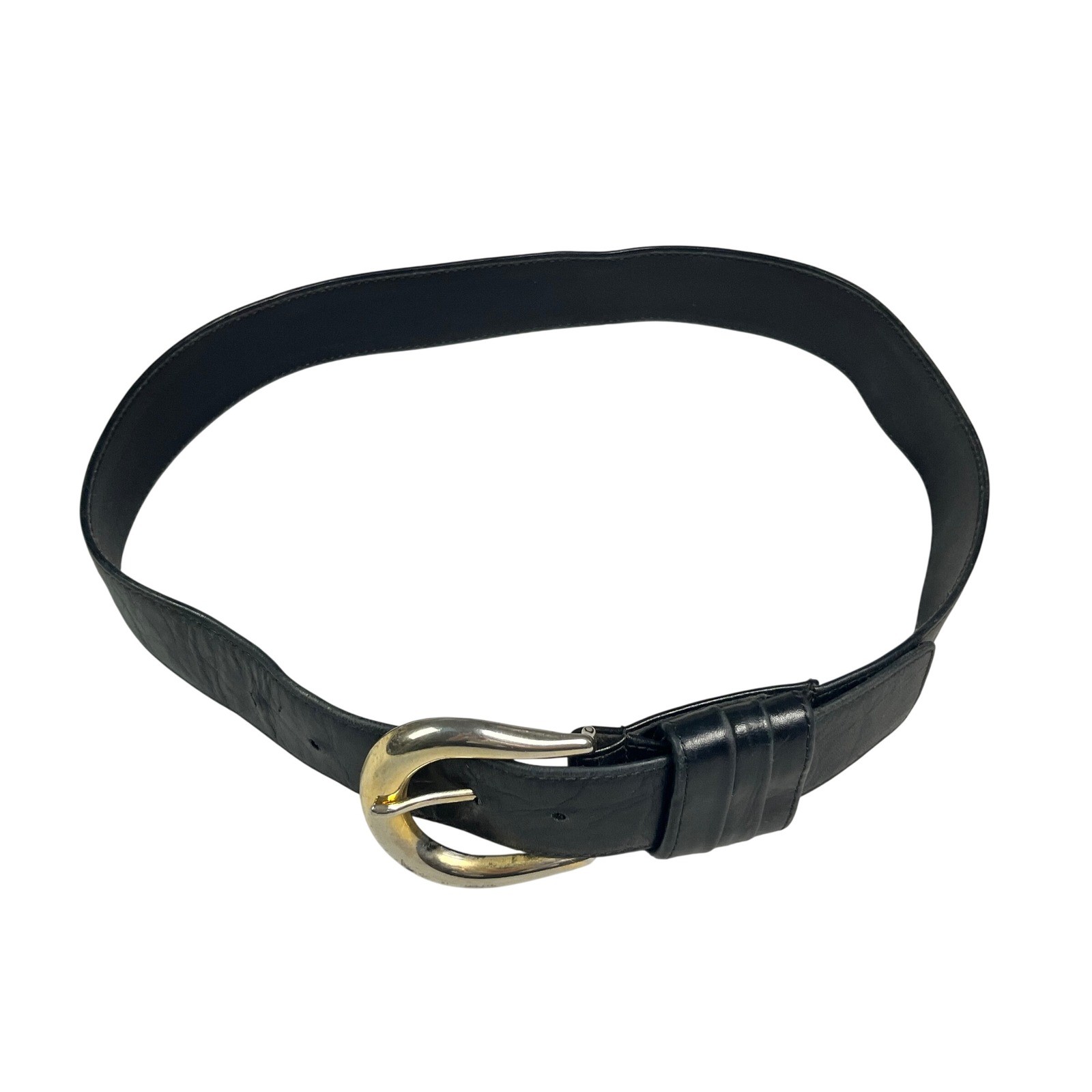 VTG Alden Howard Black Leather Belt Two Tone Horseshoe Buckle Made in Spain L