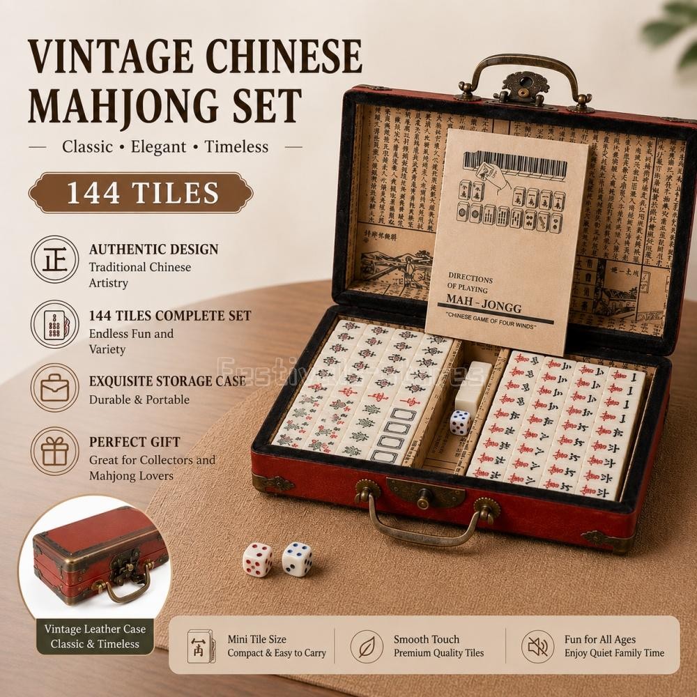 Vintage Chinese Mahjong Game Portable Set 144 Tiles w/ Storage Case Family Game