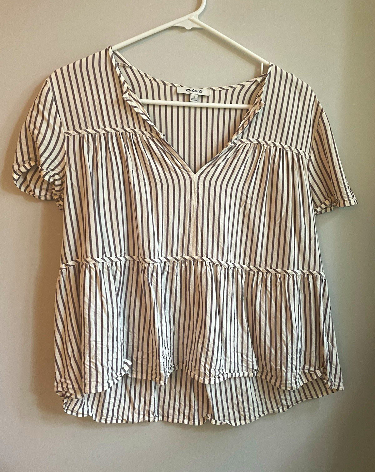 Madewell Striped Light Lavender and White Peplum Short Sleeve Blouse Small