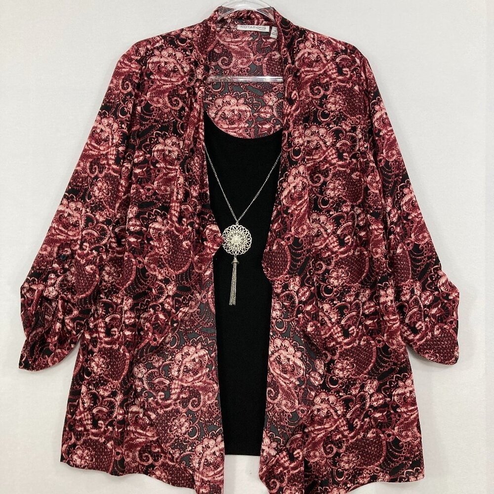 Notations size 1X Black Burgundy Abstract Layered Rolled Sleeve Top Office Work