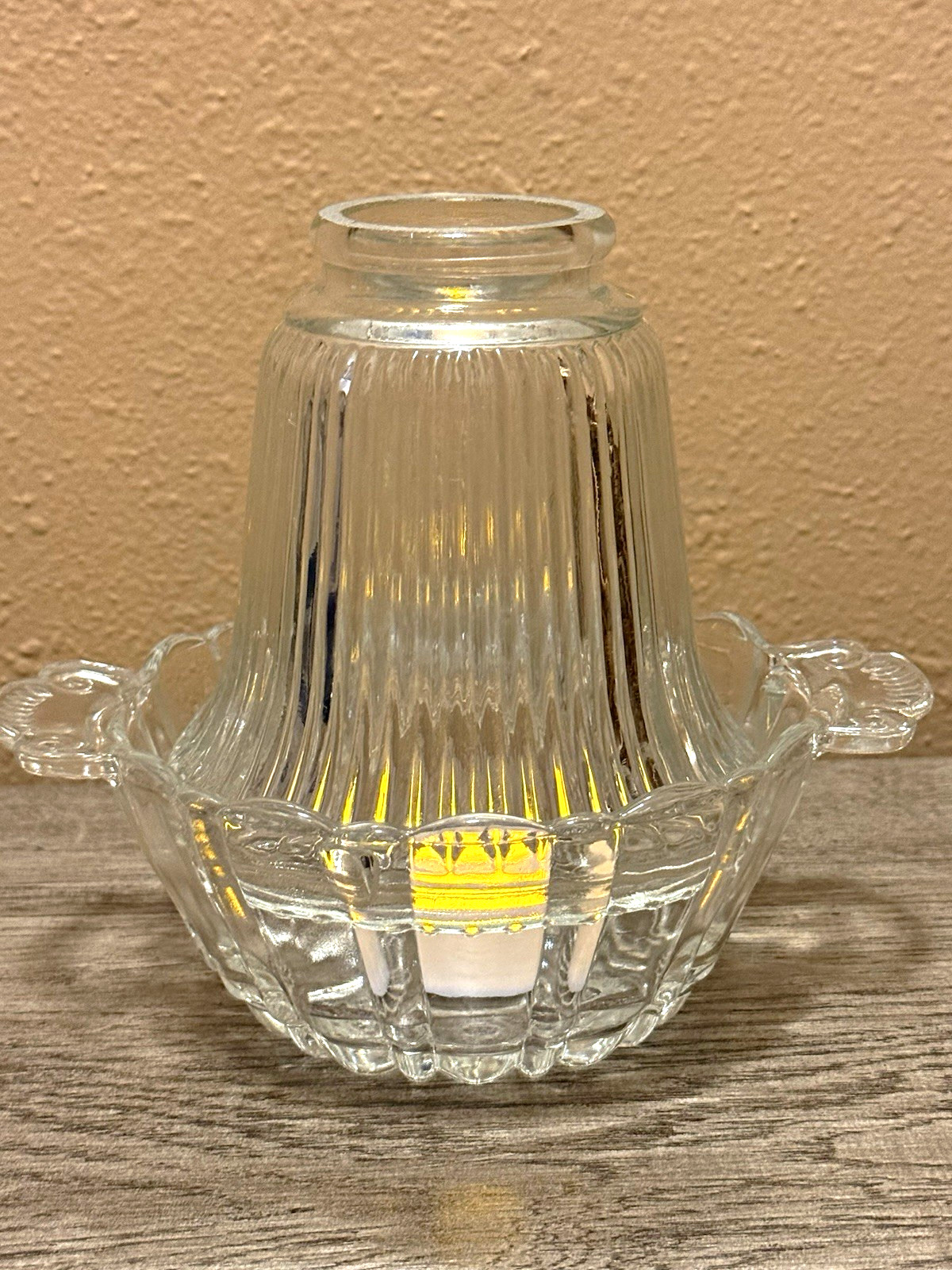 Vintage Clear Pressed Glass Fairy Lamp Ribbed Shade Handled Basket Base Vintage Clear Pressed Glass Fairy Lamp Ribbed Shade Handled Basket Base