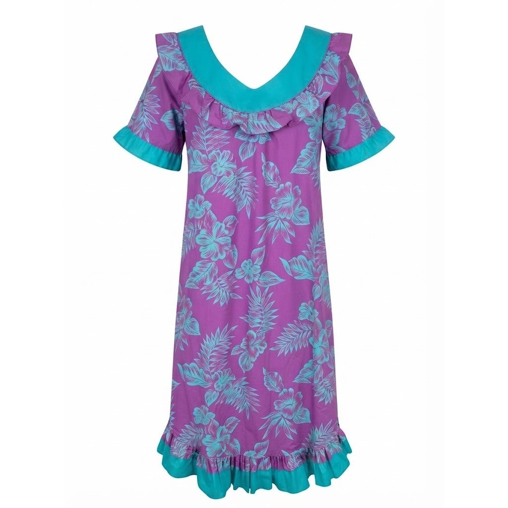 Royal Creations Hawaii Muu Muu Dress 2XL Purple Teal Floral Ruffle Maxi Pockets