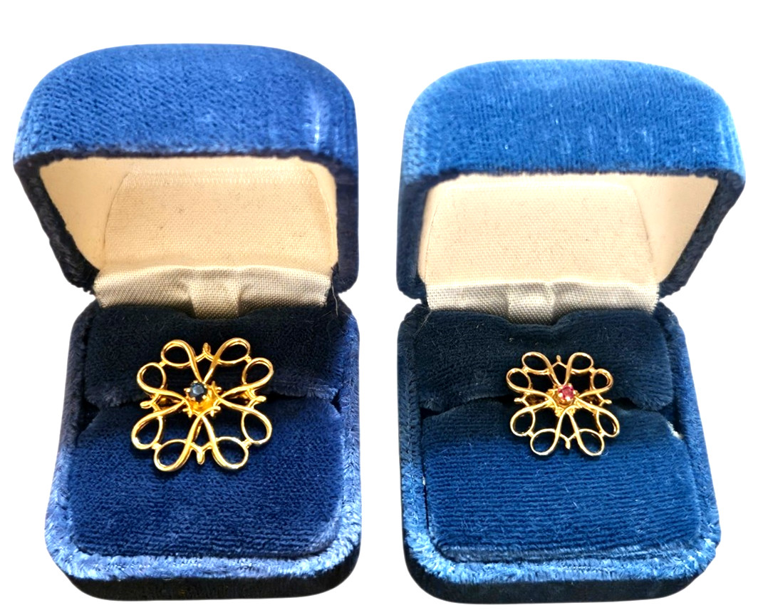 Vtg Avon Robbins Co 1/10  10k Yellow Gold Brooch Pins w/Sapphire & Ruby~Lot of 2