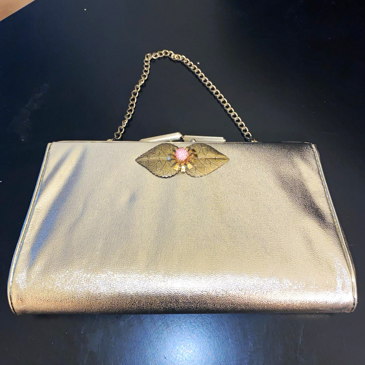 Vtg 50’s-60’s Gold Metallic Evening Clutch Bag Rhinestone Pink Floral Leaf Clasp