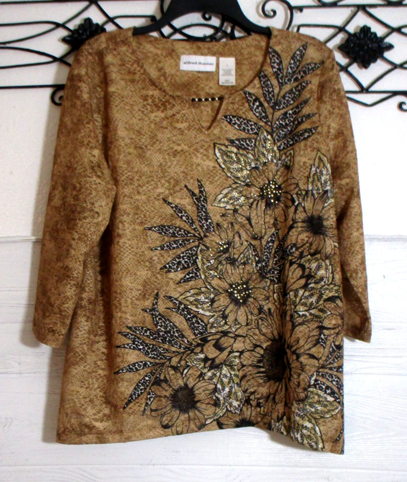 Alfred Dunner Knit Top Women\'s Size L Long Sleeve Multicolor Floral Round Neck