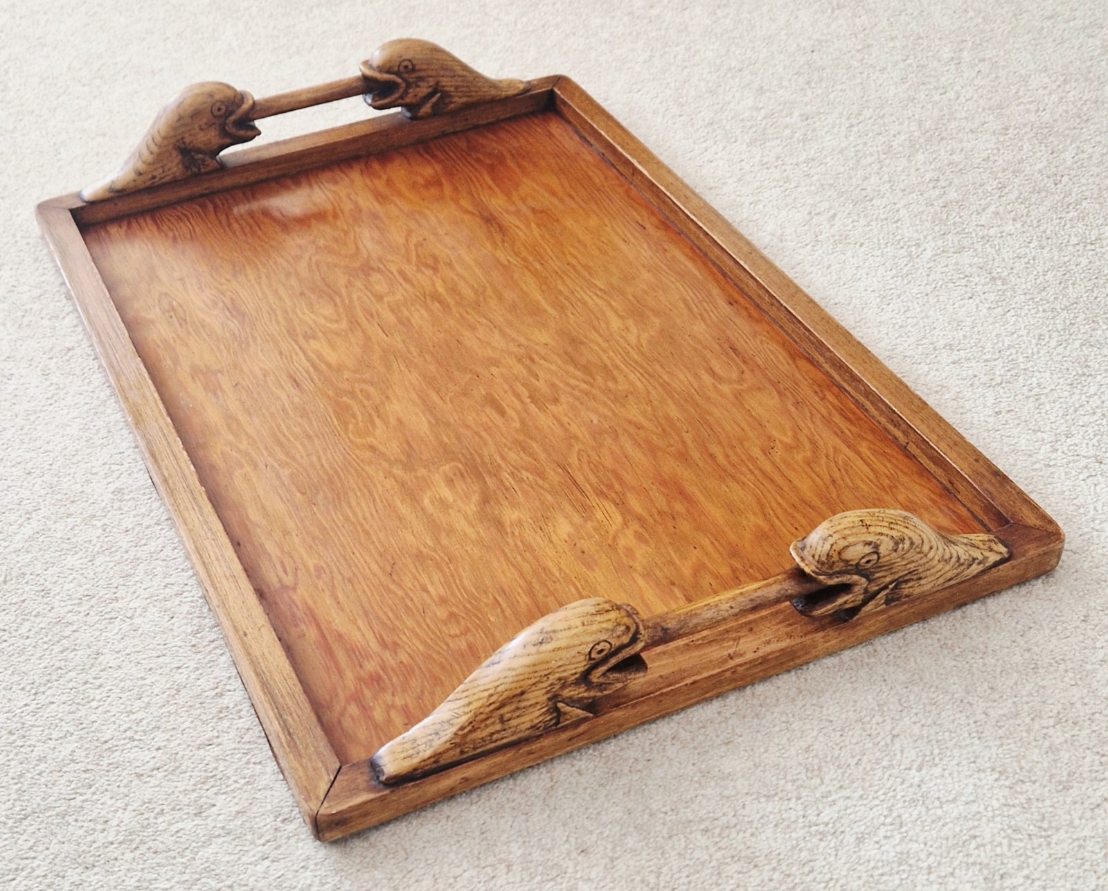 Very Unusual Vintage Hand-Carved Wooden Serving Tray, Dolphin Handles