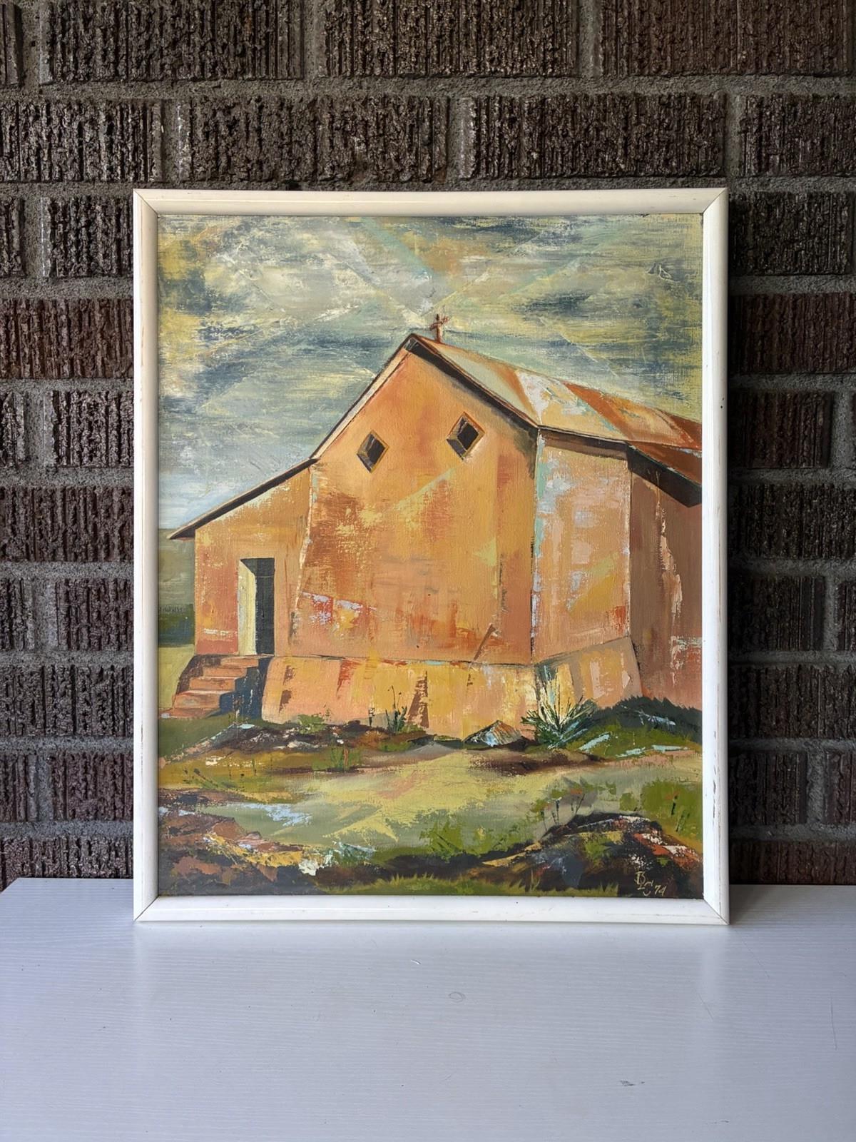 Vintage 1974 Expressionist Landscape Oil Painting Adobe Mission Church Signed