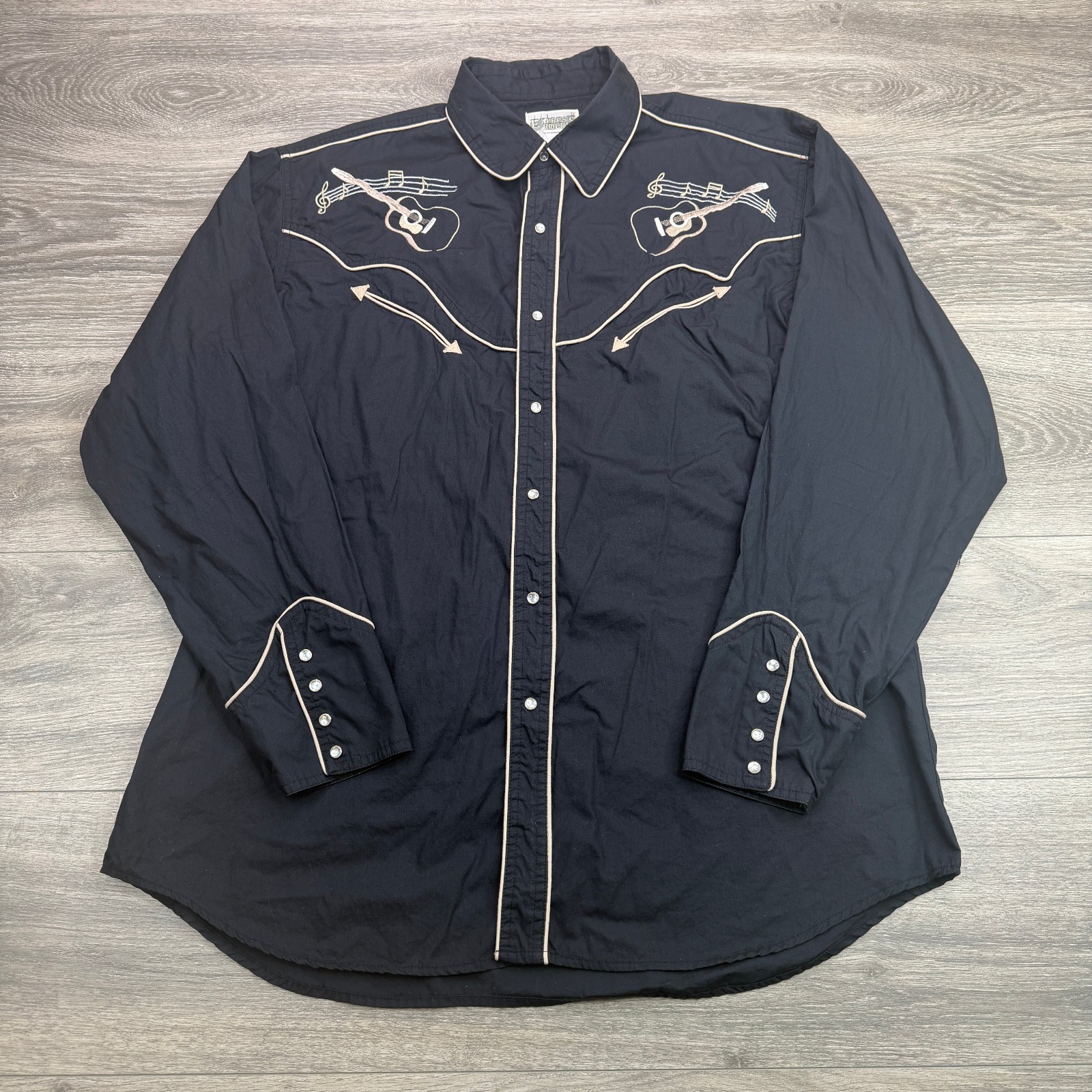 Express Rider Western Shirt Men Large Black Guitar Embroidered Pearl Snap Cowboy