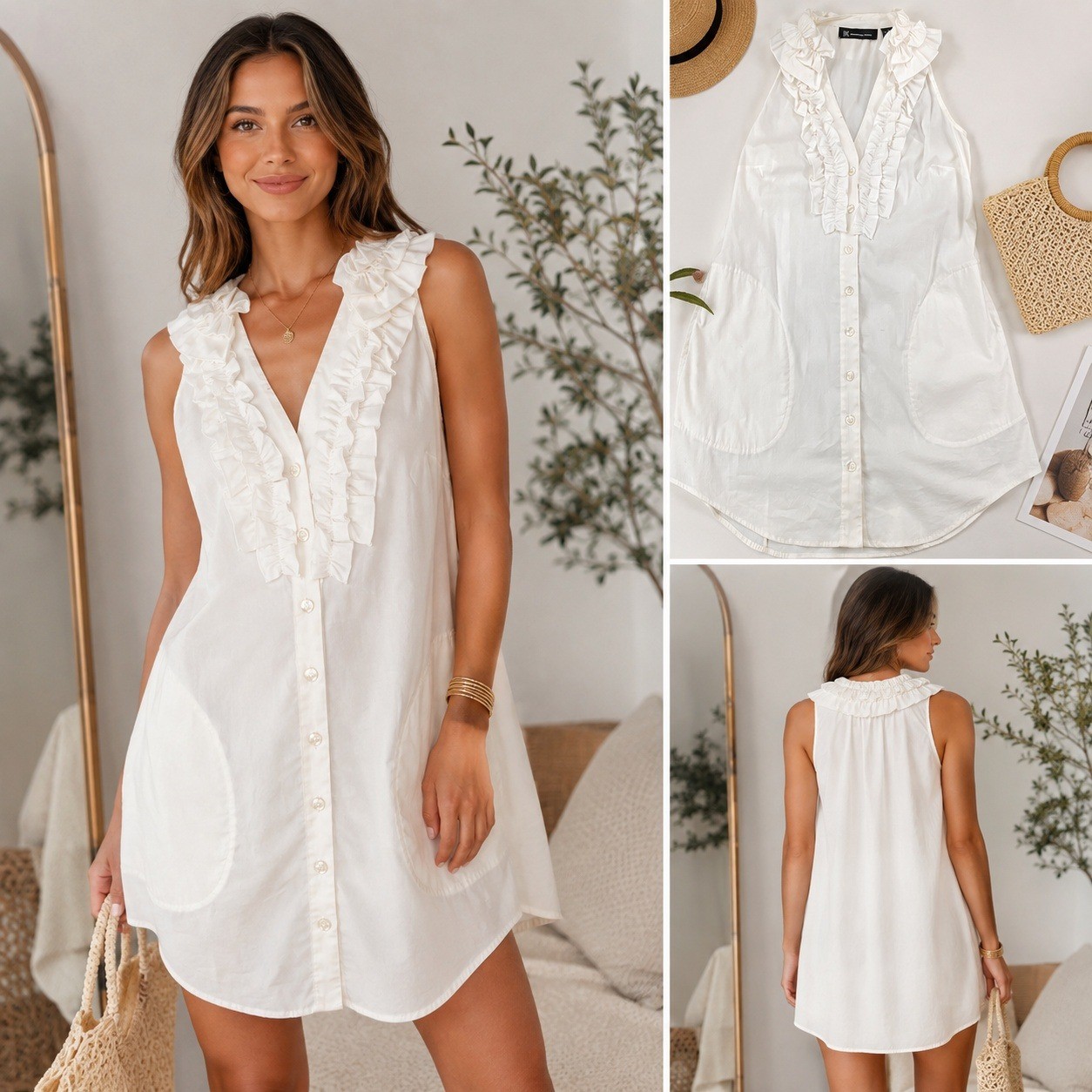 INC International Concepts White Ruffle Neck Sleeveless Tunic Top Size 2 INC International Concepts White Ruffle Neck Sleeveless Tunic Top Size 2