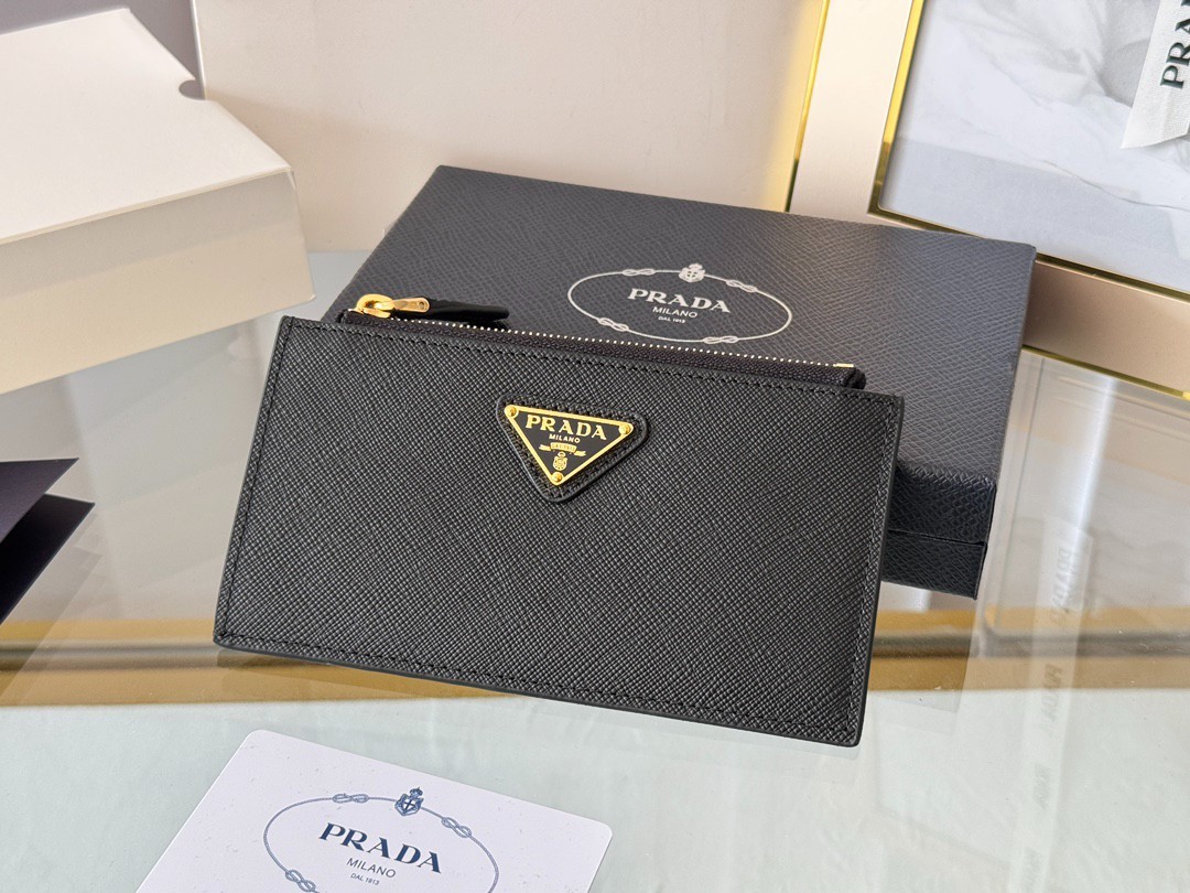 Prada Saffiano Leather Card Holder Zip Coin Pocket 6 Card Slots Unisex Wallet 8×