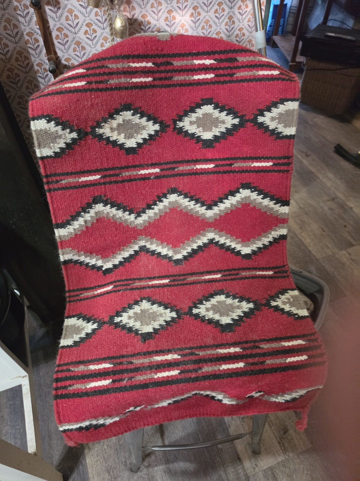 Vintage Hand Woven Wool Saddle Blanket Red Grey Black Southwestern Rug 37x22