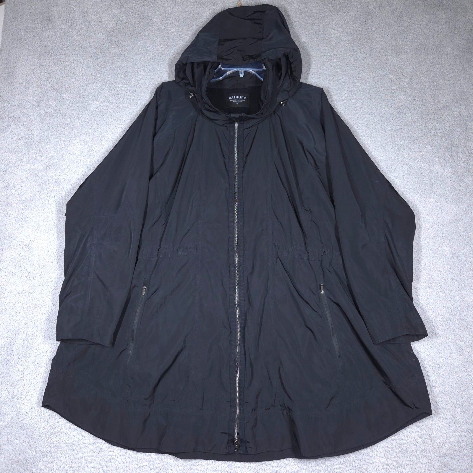 Athleta Drip Drop Jacket Women\'s 1X Black Hideaway Hood Mid-Length Vented Rain