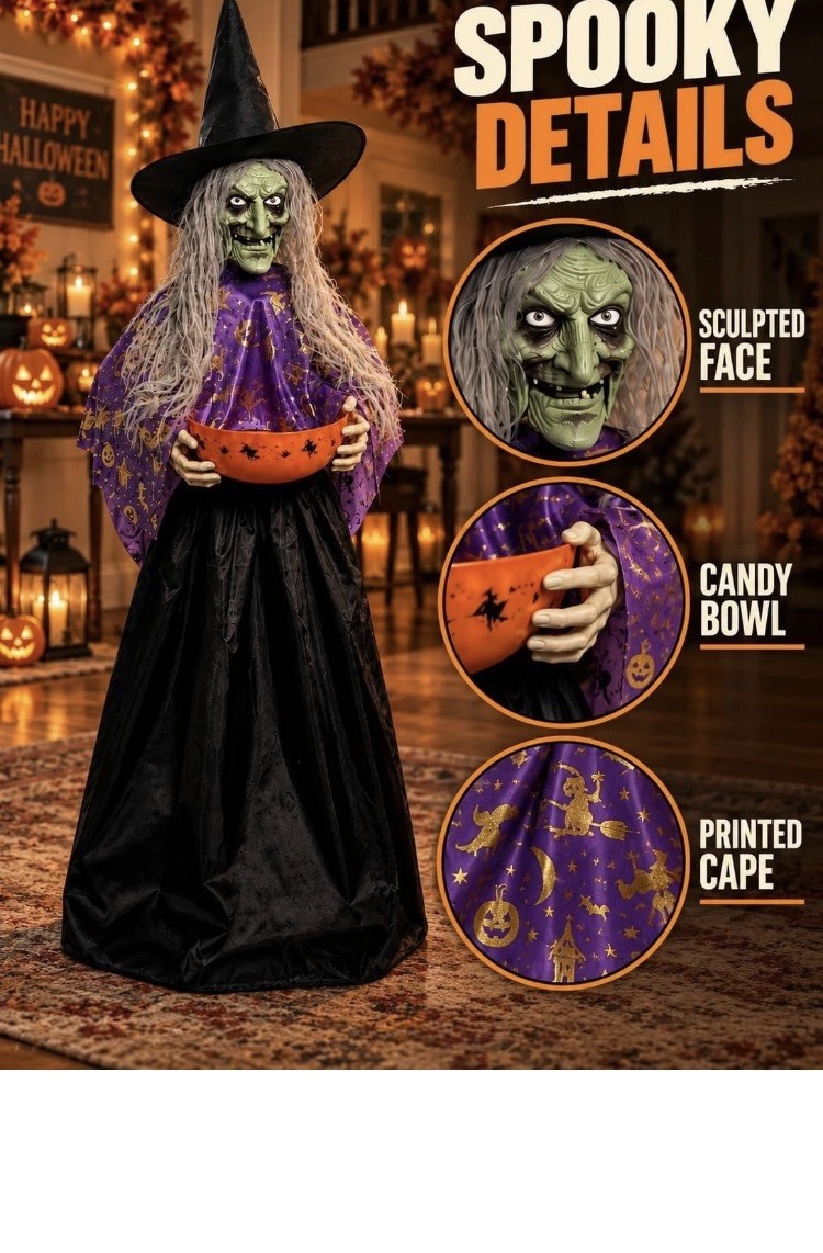 Halloween Witch Animatronic with Candy Bowl, Moving Head & Mouth, Sound Halloween Witch Animatronic with Candy Bowl, Moving Head & Mouth, Sound