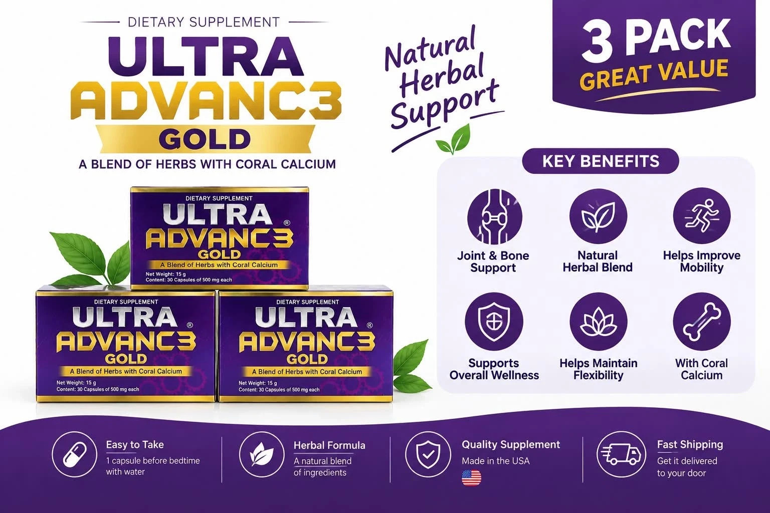 3 Pack 3Ultra Advance Gold PainRelief 500mg Supplement 90Capsules 3 Pack 3Ultra Advance Gold PainRelief 500mg Supplement 90Capsules