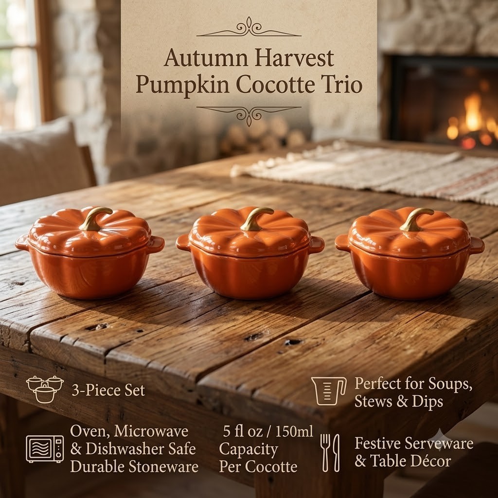 Pioneer Woman 0.5 Qt Pumpkin Stoneware Mini Cocottes w/ Lids Orange Set of 3