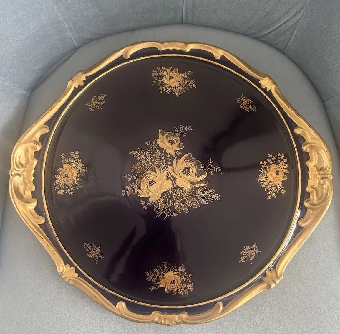 Vintage Echt Weimar Kobalt Blue/Gold Cake Plate, W Handles. Made In Germany