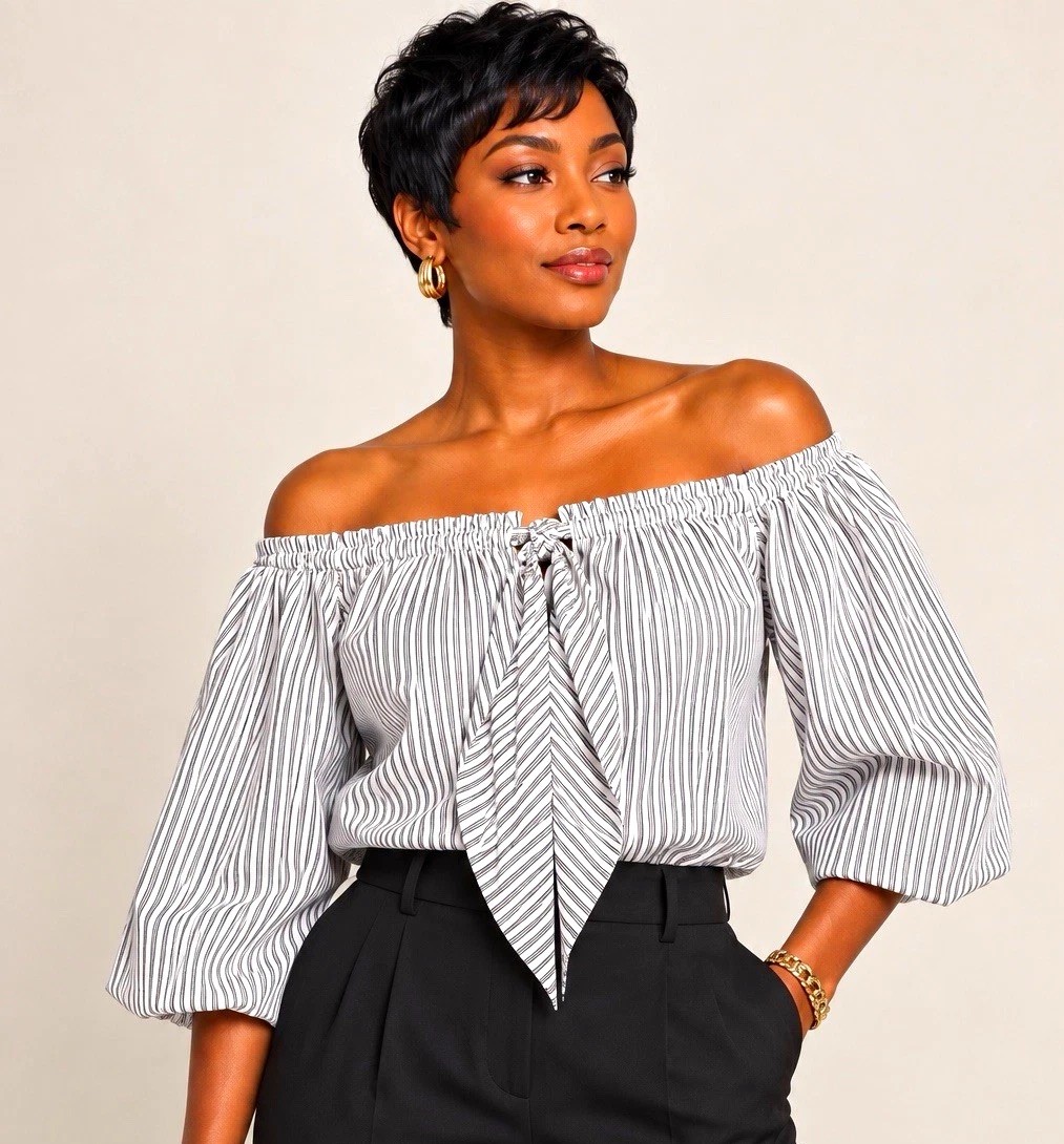 LOFT Women’s S Black White Striped Off Shoulder Tie Front Blouse NWT