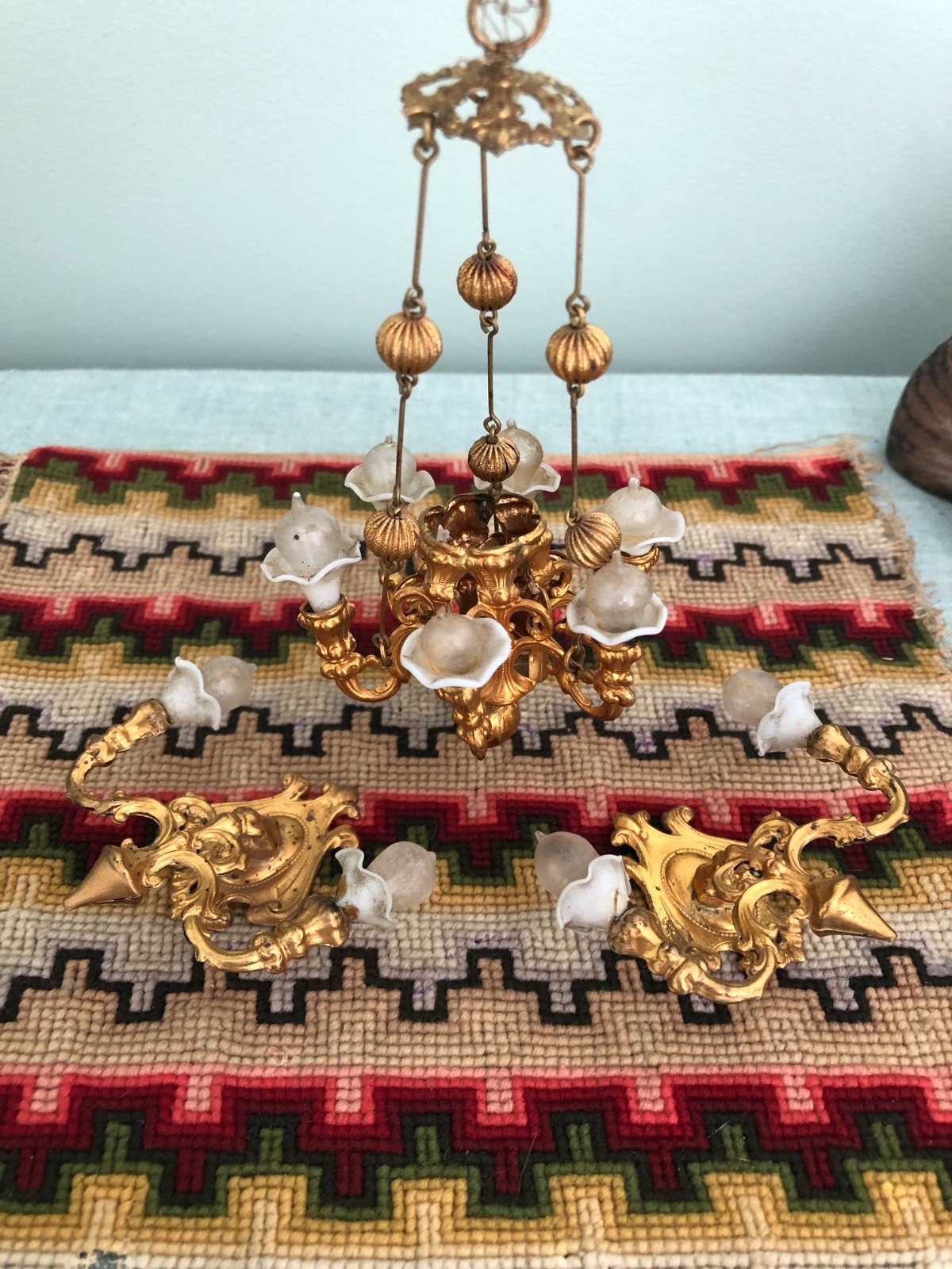 Antique German Dollhouse Erhard & Söhne Ormolu Chandelier Sconces 1:12 Miniature