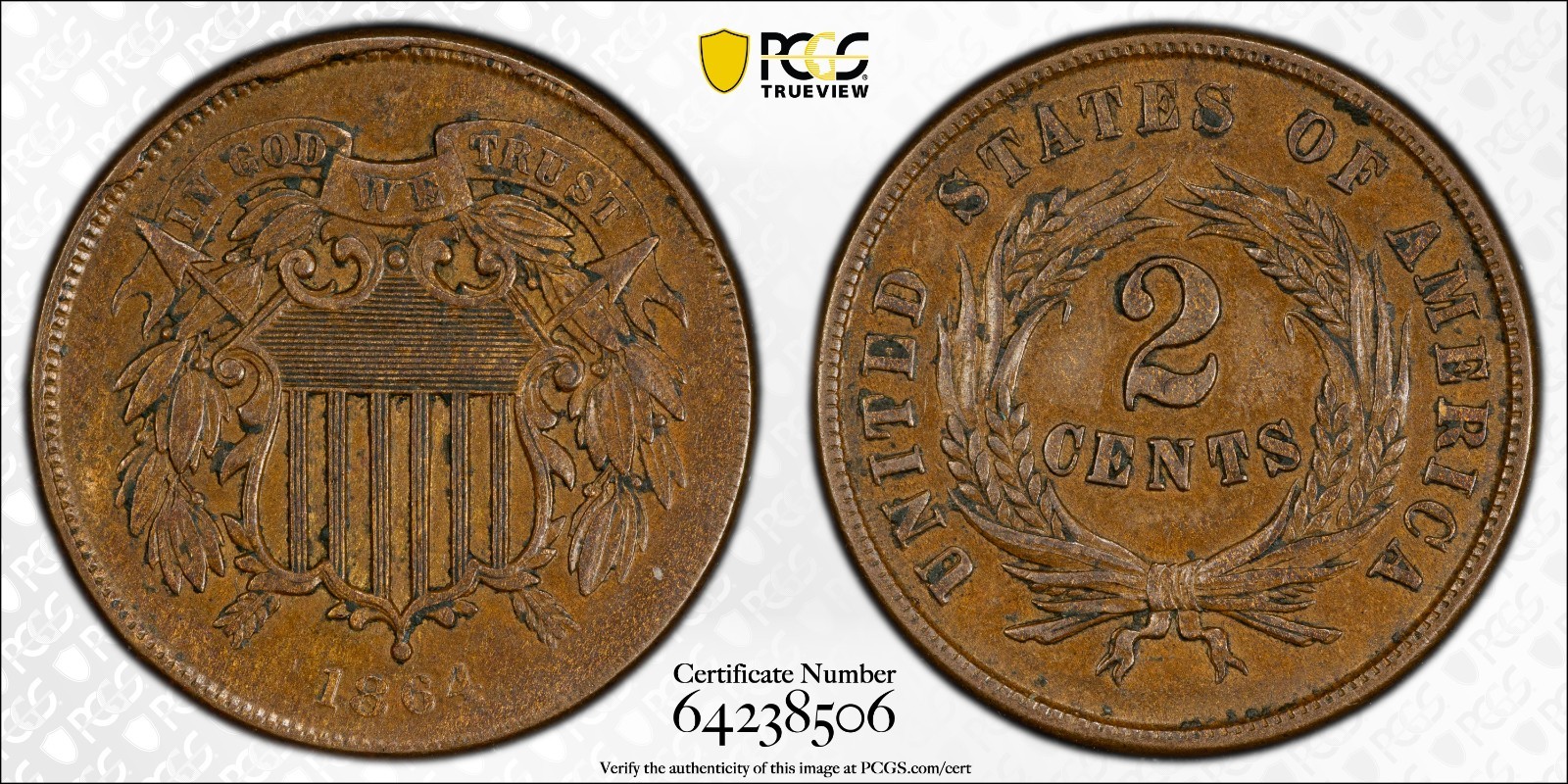 1864 2 CENT PIECE PCGS AU55 LARGE MOTTO