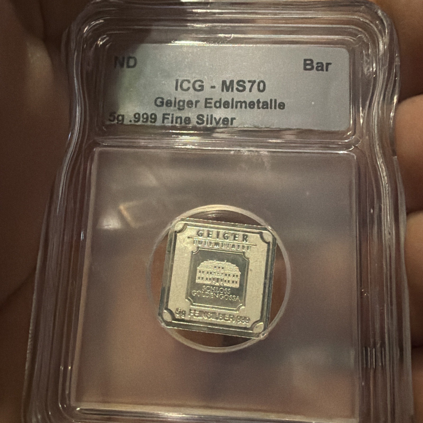 Geiger Edelmetalle 5g .999 Fine Silver Square Bar ICG MS70 Perfect Grade