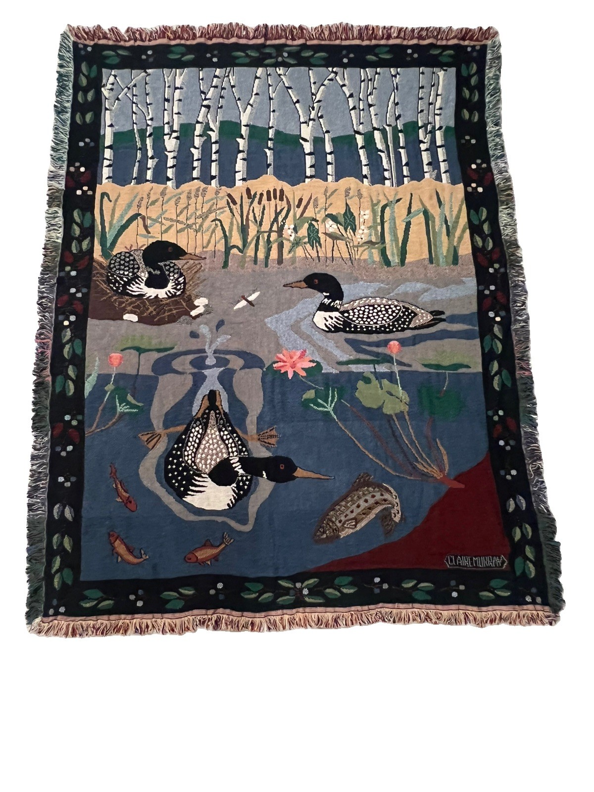 Vintage LL Bean Claire Murray Trout Pond Tapestry Blanket Woven Cotton Loon USA 