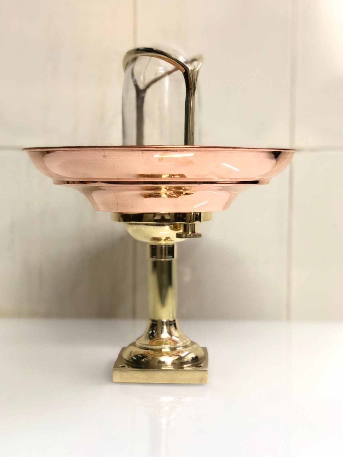 Copper Saucer Light Open Glass Cylinder Brass Hoop Pedestal Stand Fixture
