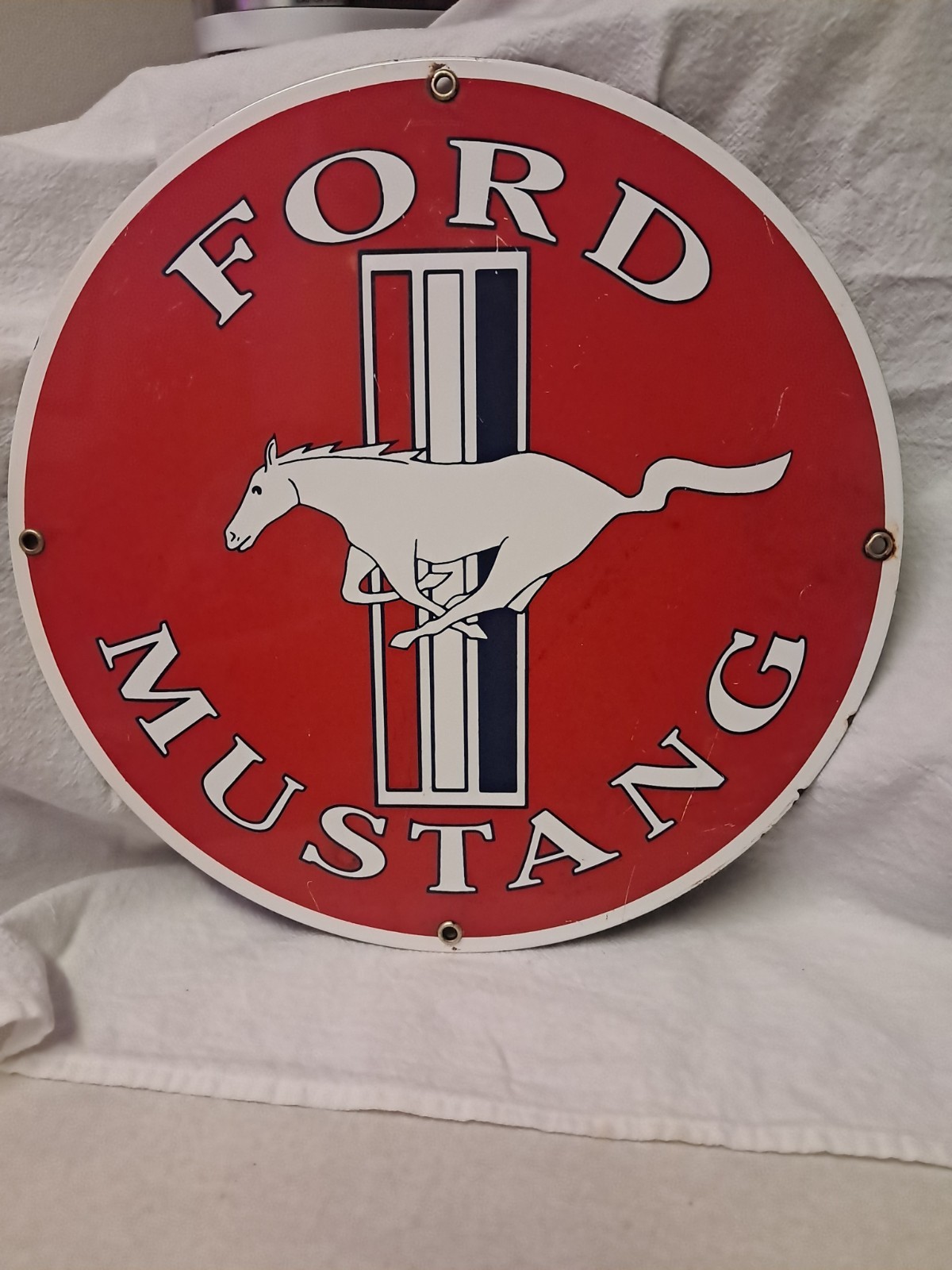 VINTAGE FORD MUSTANG PORCELAIN SIGN GAS AUTOMOBILE SERVICE MOTOR CO TUCKS DEALER