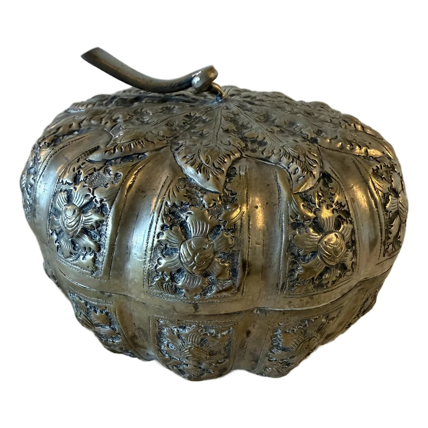 Large Antique Cambodian Silver-Plated Pumpkin Box, Mid-20th Century Large Antique Cambodian Silver-Plated Pumpkin Box, Mid-20th Century