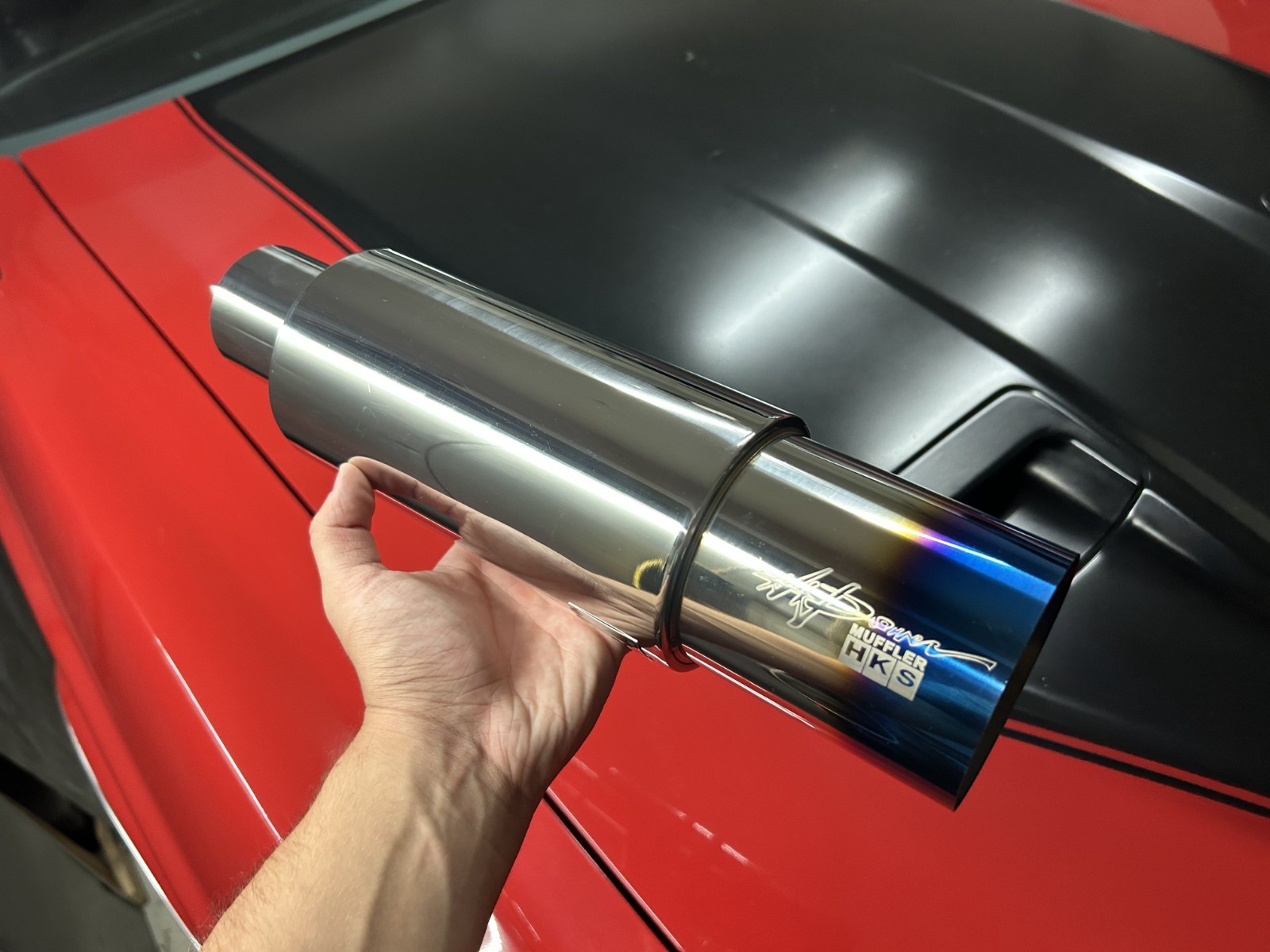HKS HI-Power Titanium Face Blue Exhaust Muffler Inlet 2.5\ HKS HI-Power Titanium Face Blue Exhaust Muffler Inlet 2.5\