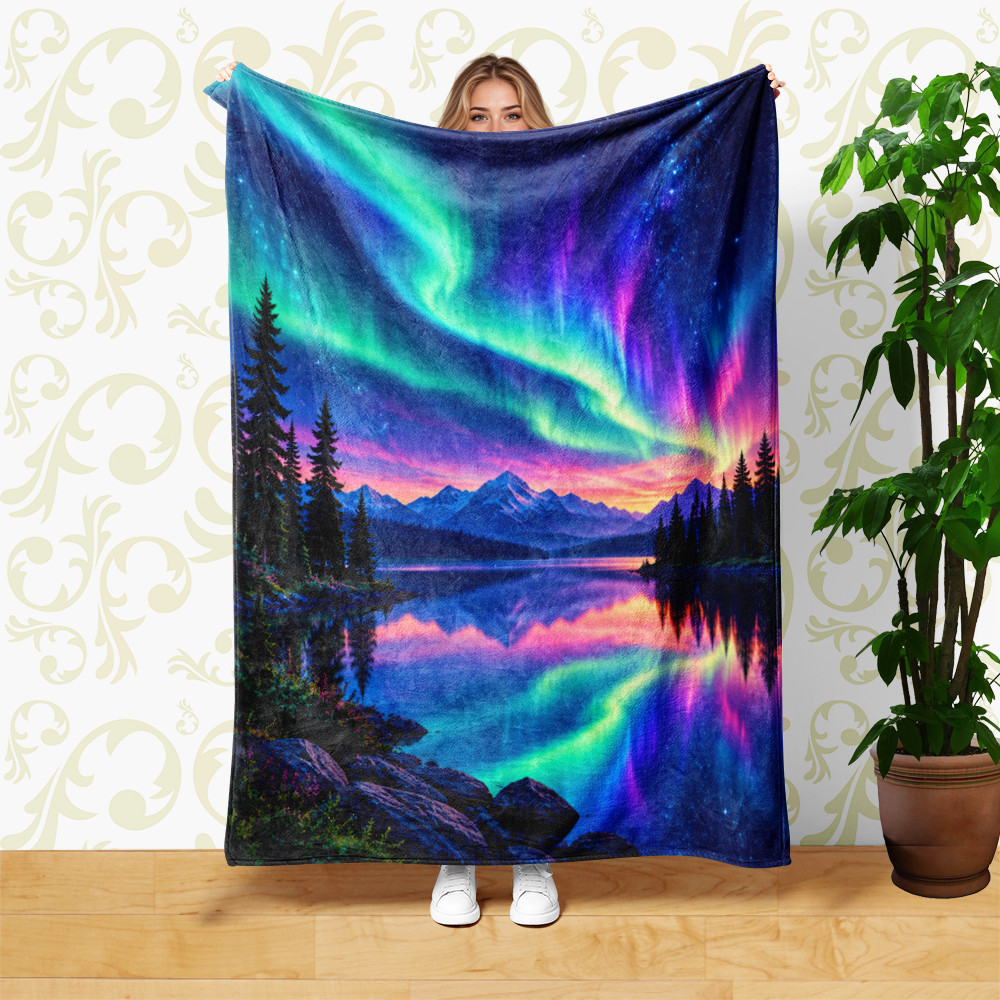 Mirrored Aurora Borealis Lake Coral Fleece Blanket Nature Decor