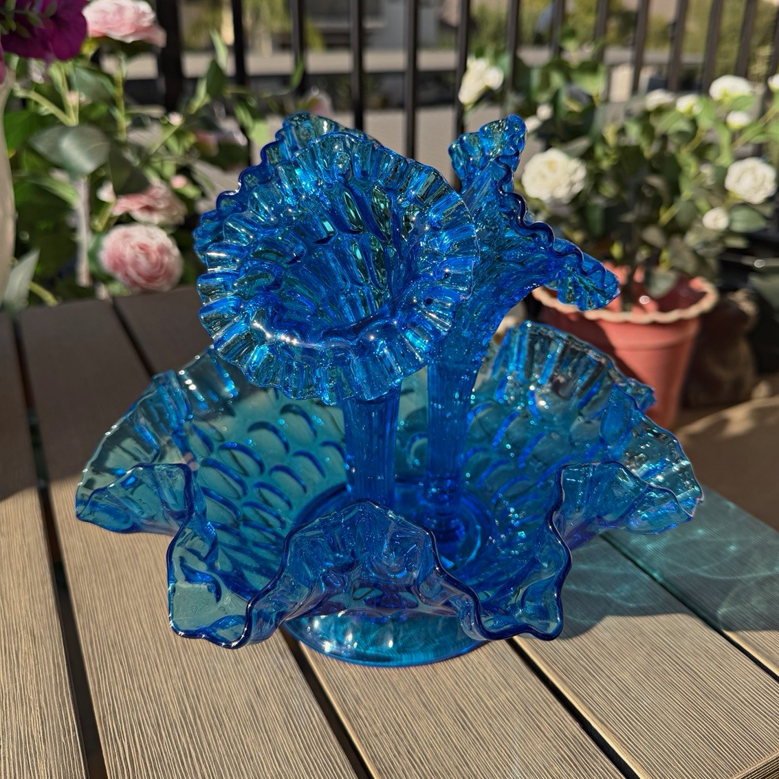 Vintage Fenton Colonial Blue Thumbprint 3-Horn Epergne Circa 1960s