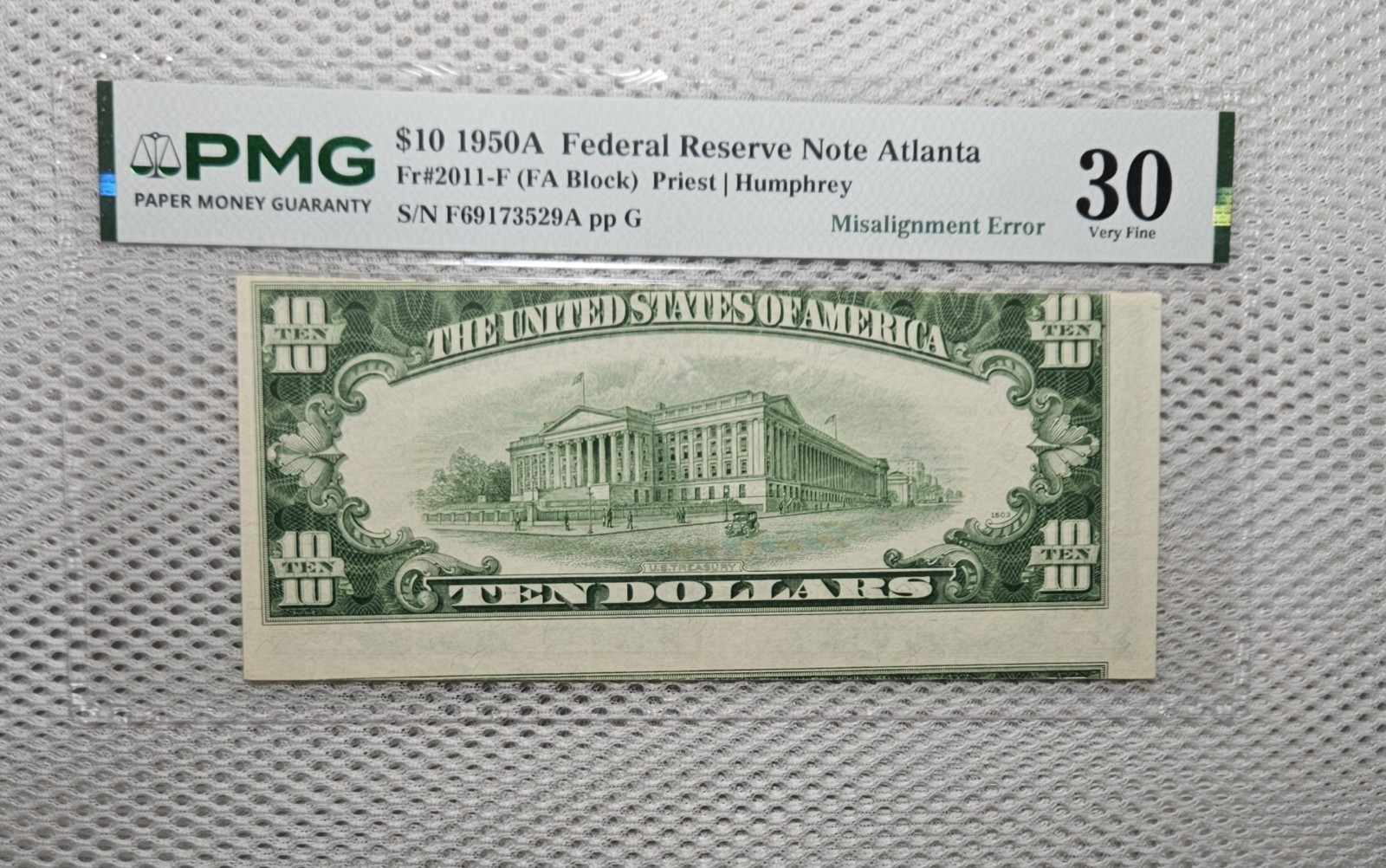 Misalignment Print ERROR 1950 A $10 FRN Major Misaligned Error Note PMG VF 30 Misalignment Print ERROR 1950 A $10 FRN Major Misaligned Error Note PMG VF 30
