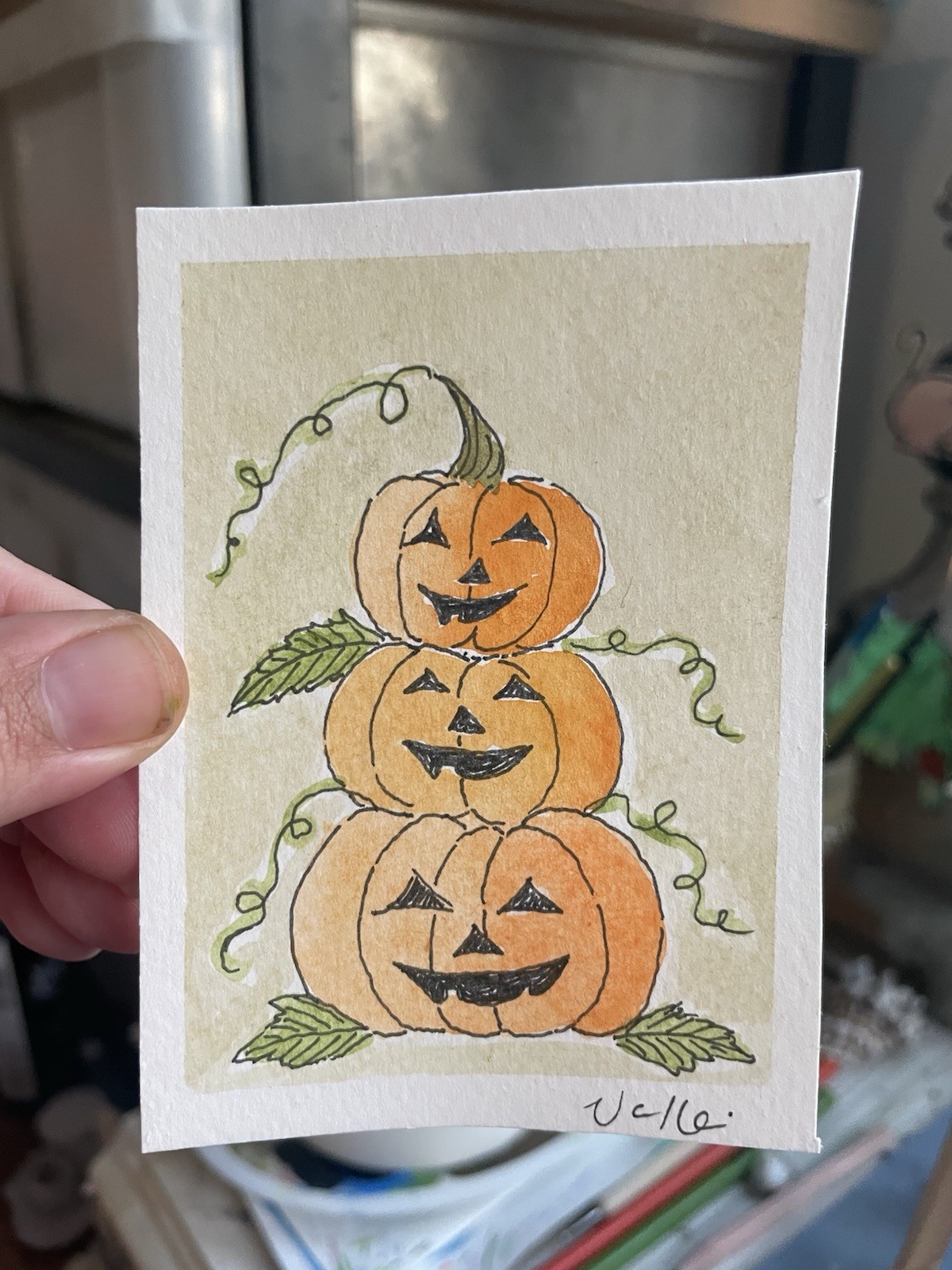 ACEO Pumpkin Stack Jack’O’Lantern Watercolor Painting Original Art ATC Signed ACEO Pumpkin Stack Jack’O’Lantern Watercolor Painting Original Art ATC Signed