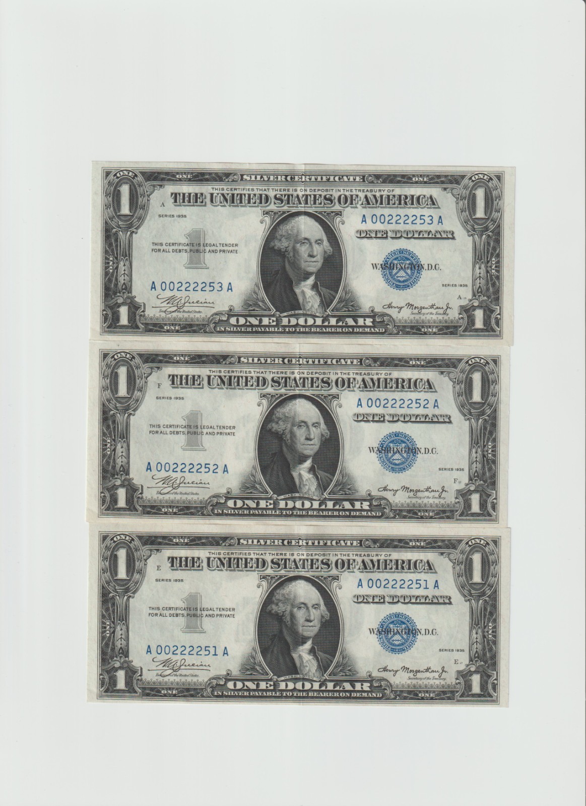🔥3 Consecutive 1935 $1 Silver Certificate (Double date) Sequential AU Trio🔥