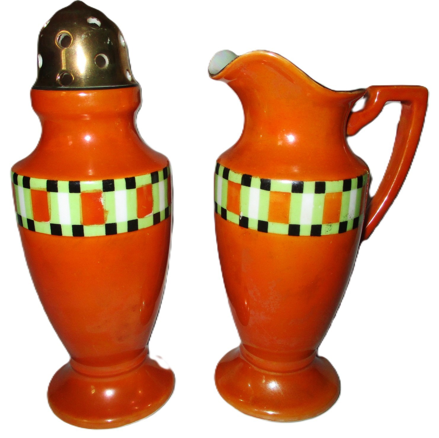 VINTAGE NORITAKE MUFFINIER SET, SYRUP & SUGAR SHAKER, ORANGE LUSTRE, GOLD TOP VINTAGE NORITAKE MUFFINIER SET, SYRUP & SUGAR SHAKER, ORANGE LUSTRE, GOLD TOP