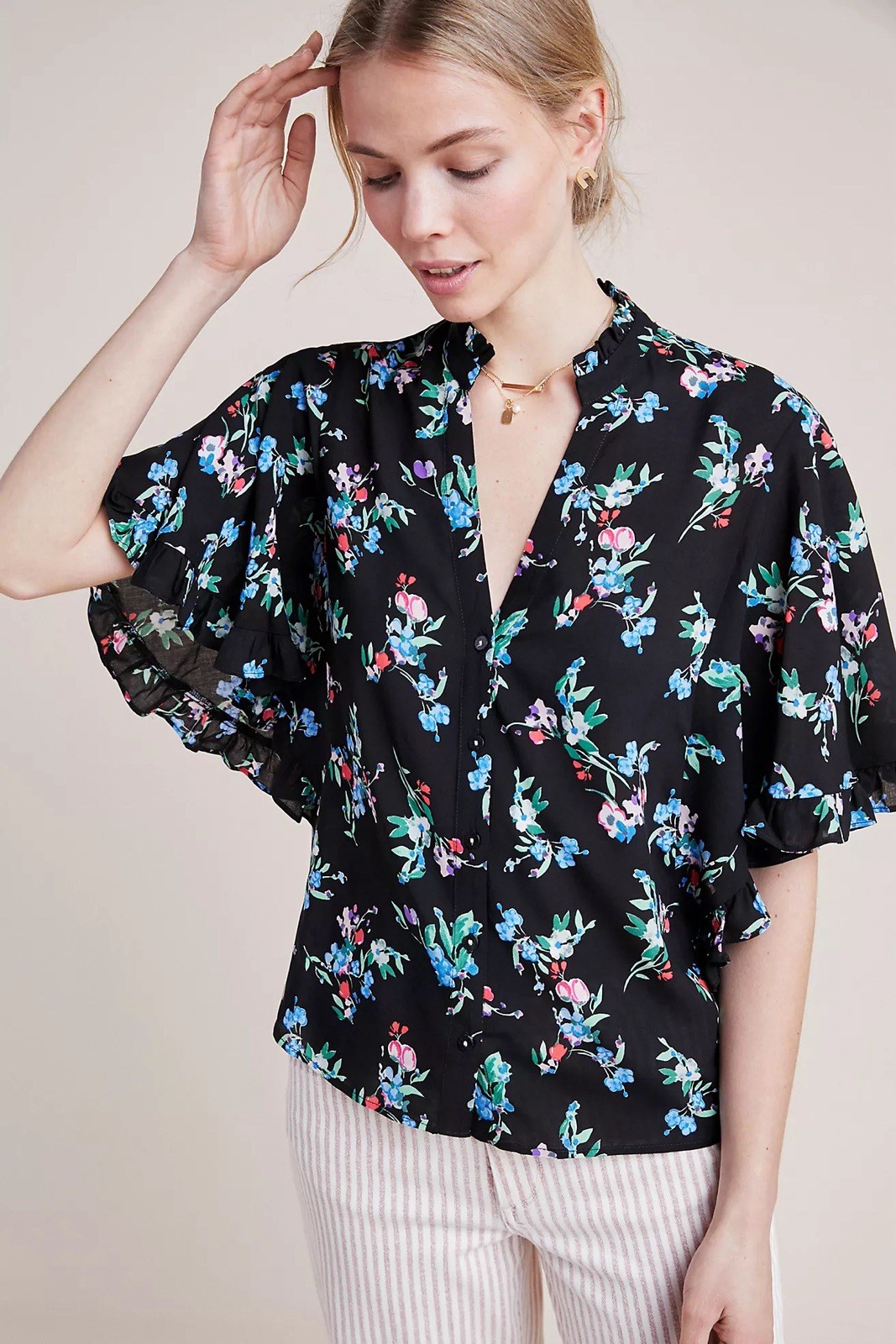 Maeve Anthropologie Decatur Boho Floral Flutter Sleeve Blouse Top Size S