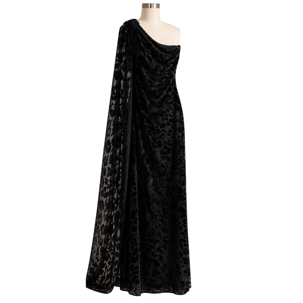 Halston Heritage Velvet Burnout One Shoulder Cape Gown Black Leopard Formal NWT