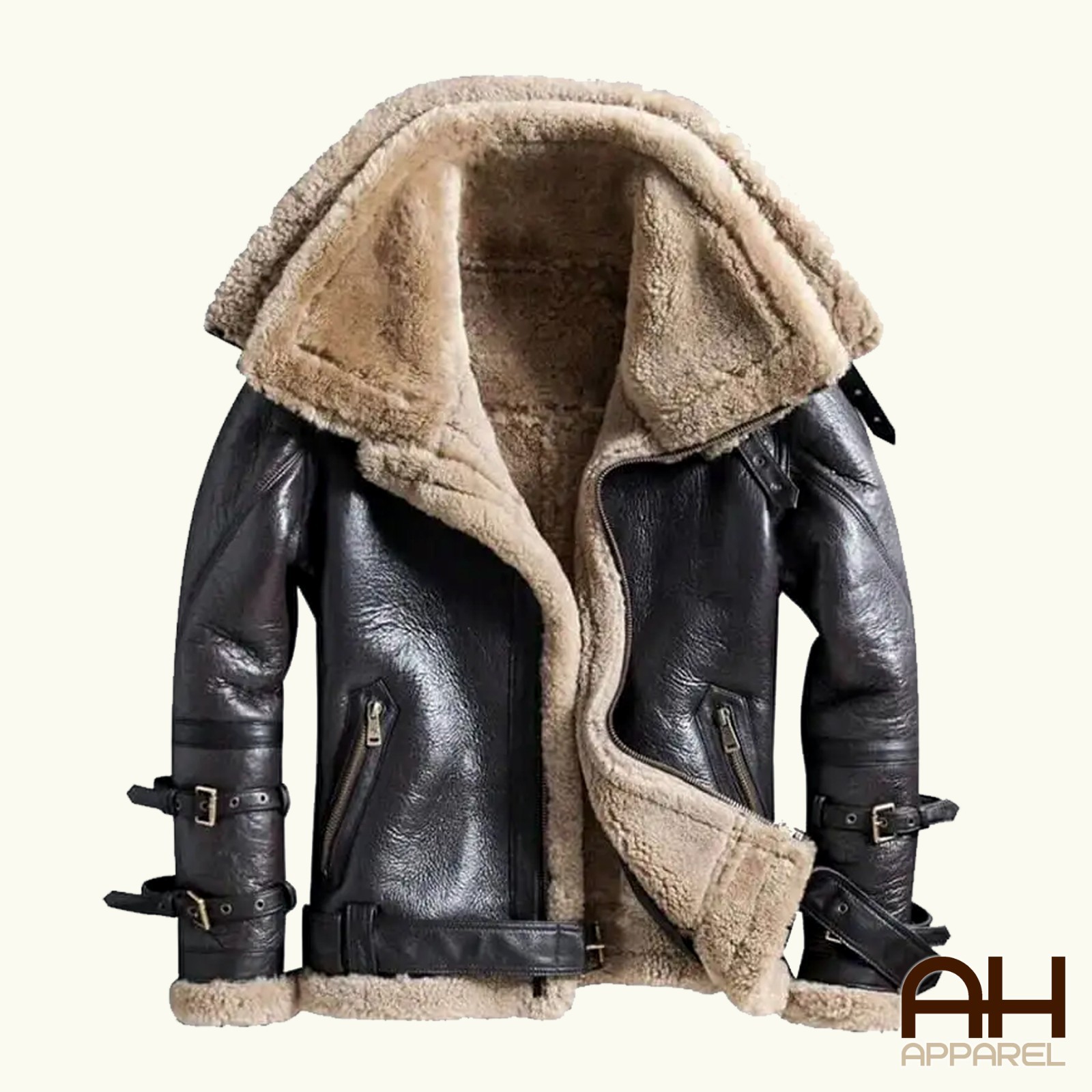 Men RAF Aviator Real Leather Double Collar Jacket Coat Bomber B3 SheepSkin N43