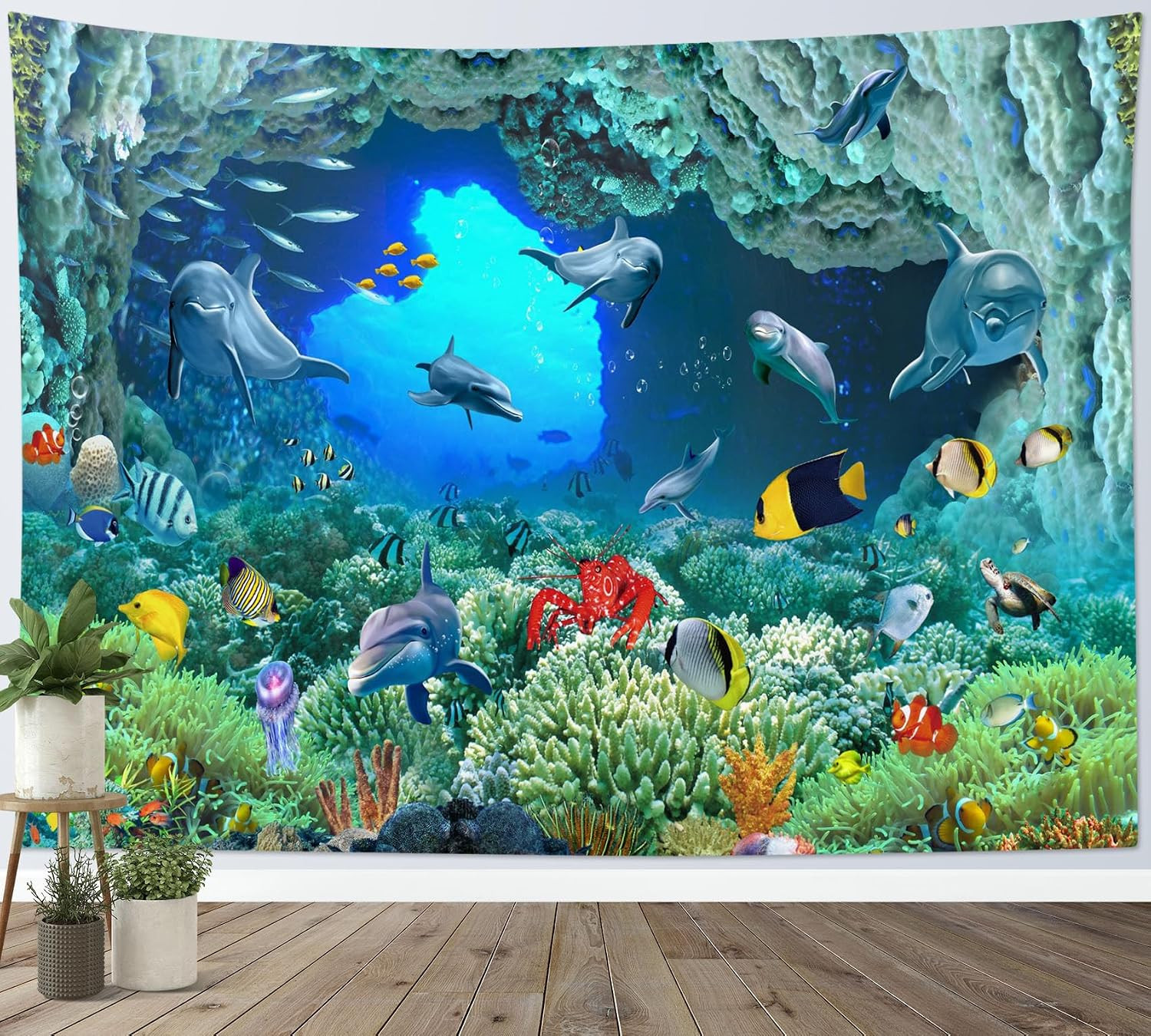 Blue Ocean Dolphin Tapestry Tropical Fish and Coral Reef in Cave under Deep Sea