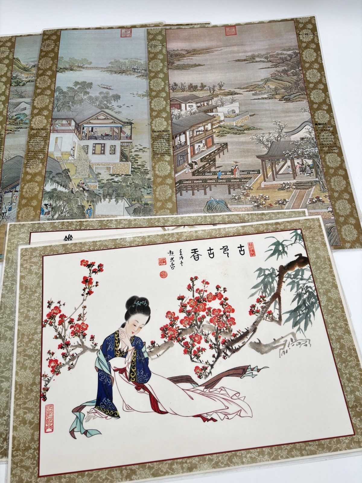 Chinese Qing Dynasty Lunar Months Reversible Placemats Lady Birds Flowers Set-12 Chinese Qing Dynasty Lunar Months Reversible Placemats Lady Birds Flowers Set-12